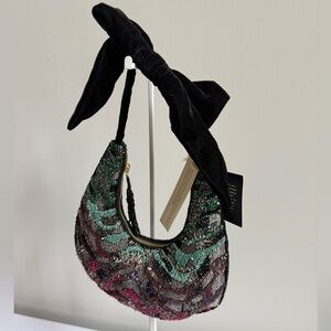 India Boutique Black Velvet Tie Beaded Shoulder Bag in Teal, Black & Burgundy